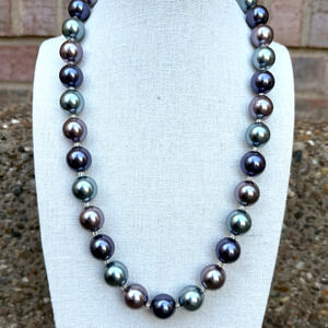 Vintage Joan Rivers Metallic Purple Blue Faux Pearl Necklace Silver Tone 21"